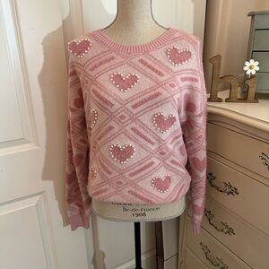 Pink Heart Patterned Women's Sweater